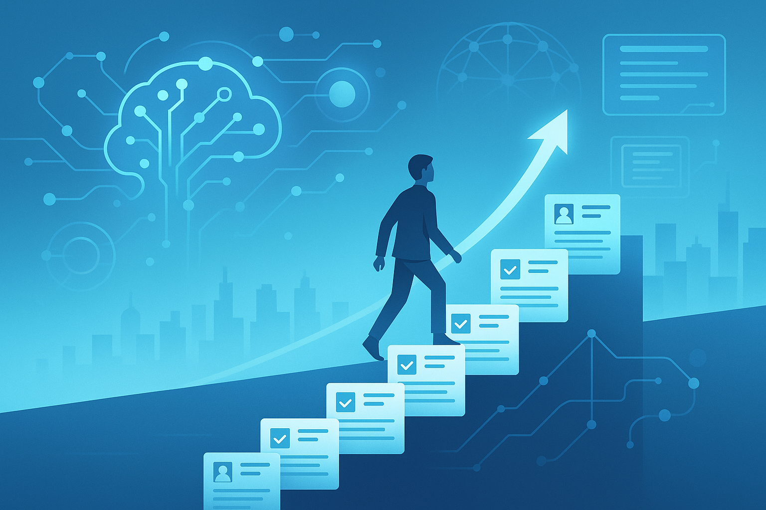 Candidate climbing steps of tailored resumes with AI/ATS icons